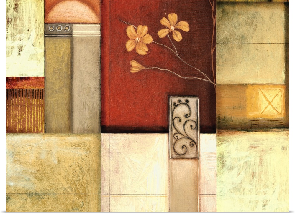 A horizontal painting of a series of joined boxes of different colors with elements of flowers and scroll designs throughout.