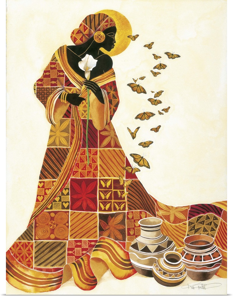 Artwork of an African woman in a patterned orange robe holding a flower and looking at butterflies.