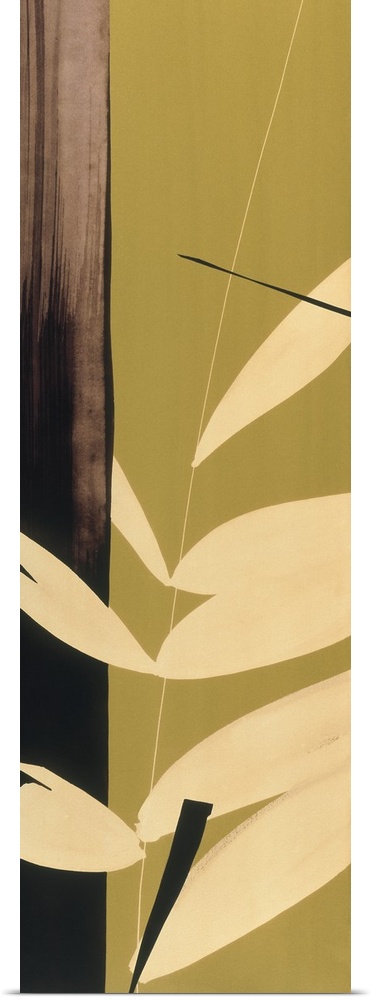 A long vertical painting in a modern design of leaves on a green backdrop.