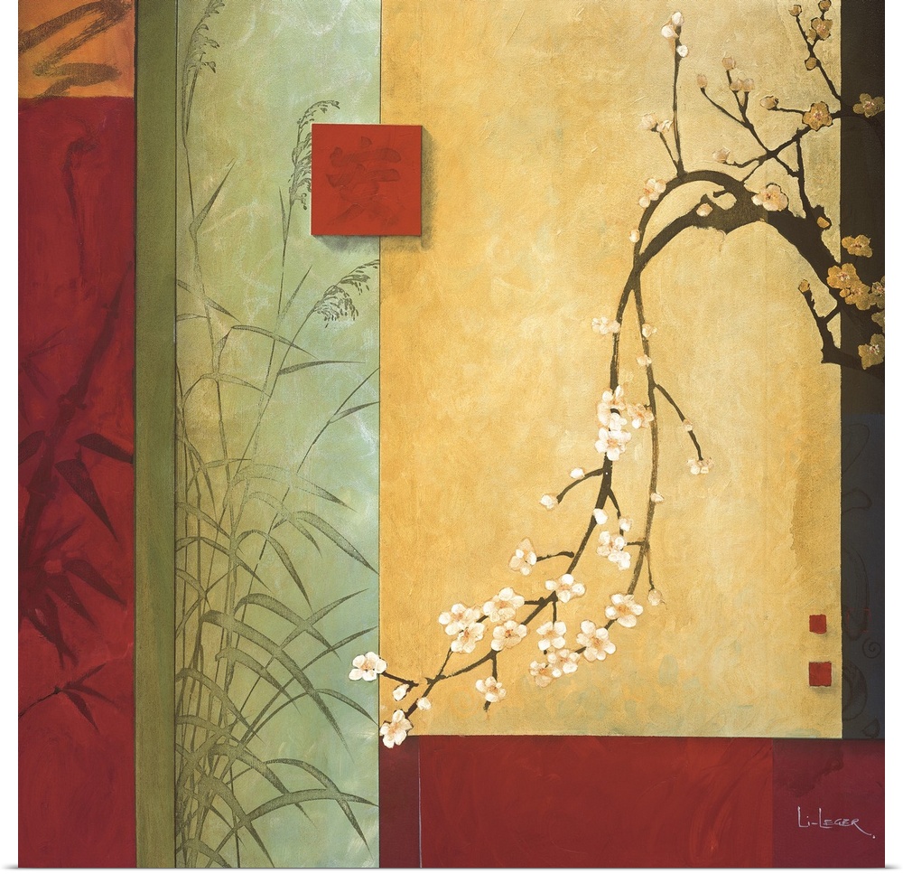 A contemporary Asian theme painting with cherry blossoms and a square grid design.