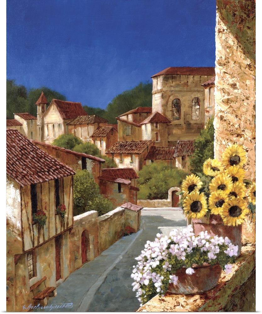 A vertical complementary painting of buildings of stone and terracotta in a village in Europe.
