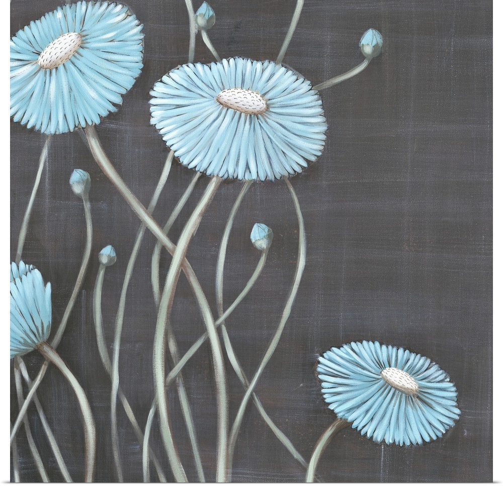 Square contemporary painting of light blue flowers with long stems against a gray backdrop.