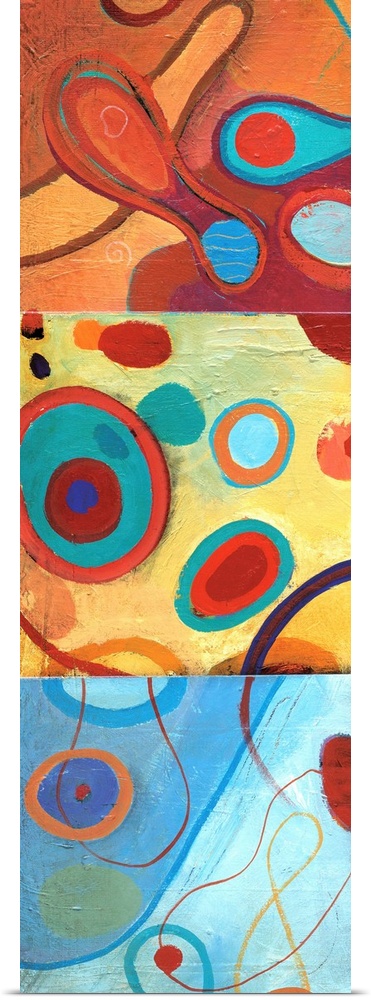 Vibrant abstract painting in curved and circular shapes in colors of red, blue and orange.