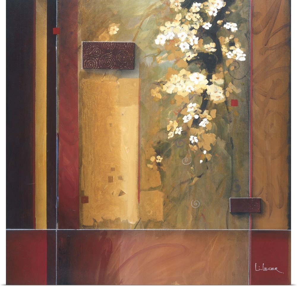 A contemporary painting of white cherry blossoms with a square grid design border.