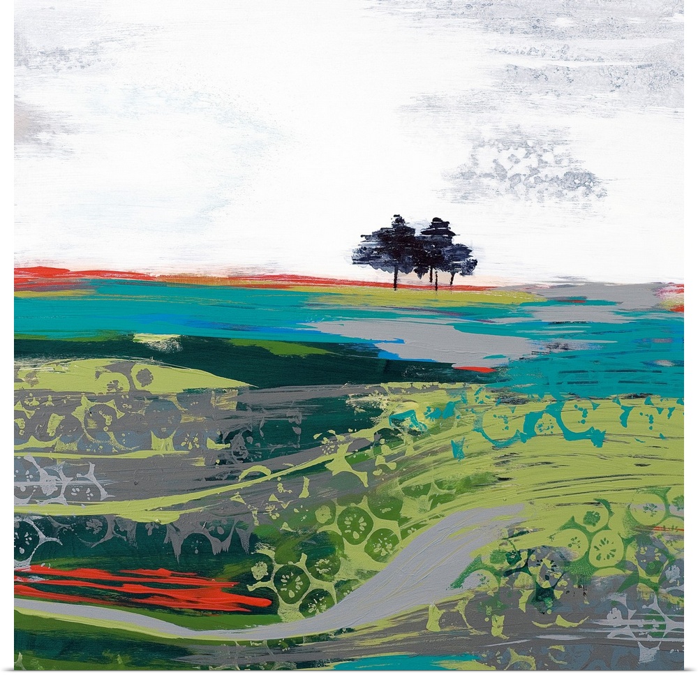 A modern abstract landscape of a field with a few trees and a grey sky.