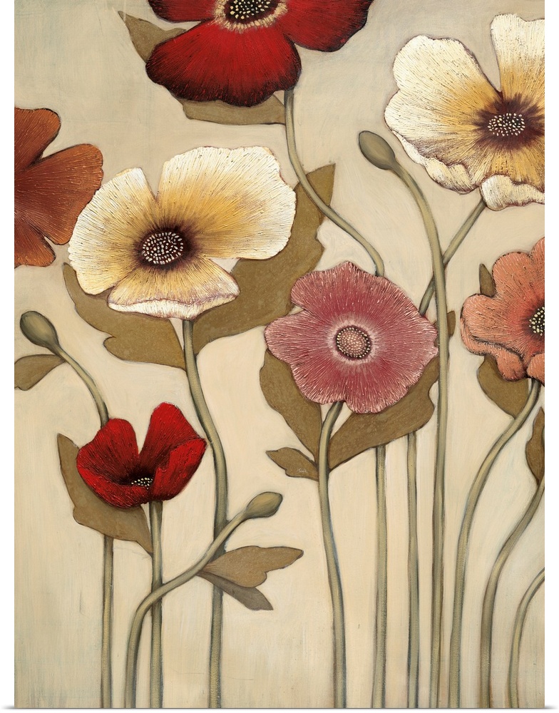 Vertical painting of a group of red, pink and yellow flowers against a neutral backdrop.