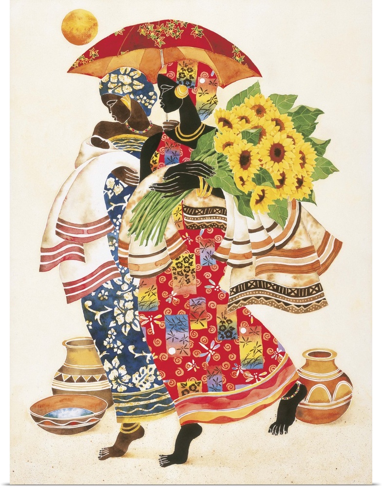 Two African women in beautiful patterned robes holding a bouquet of sunflowers and a parasol.