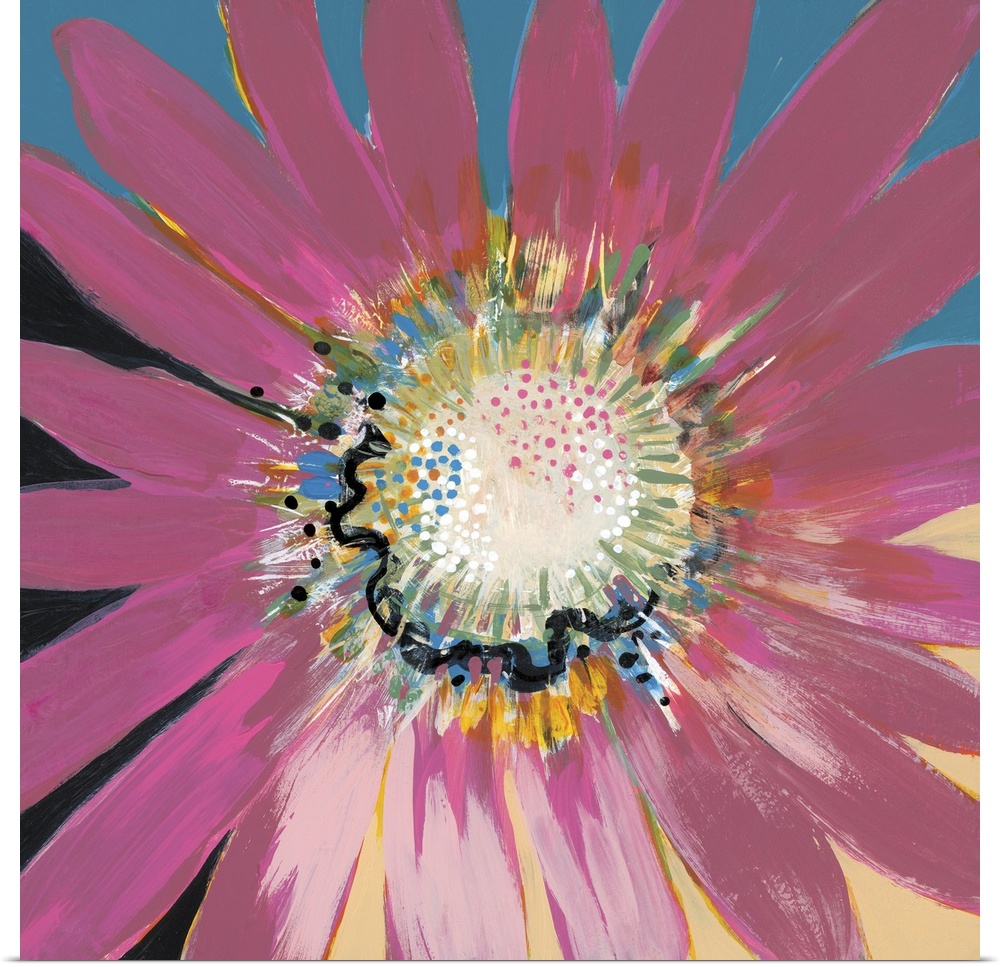 Square contemporary painting of a large blooming flower with textured colors of pink, yellow and blue.