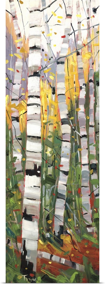 A colorful vertical painting of a forest of birch trees with vibrant colors of yellow, purple and green throughout.