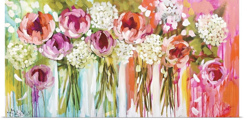 A long horizontal painting of a row of flowers in glass vases in bright colors of pink, teal and green.