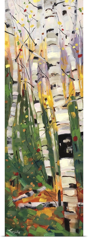 A colorful vertical painting of a forest of birch trees with vibrant colors of yellow, purple and green throughout.