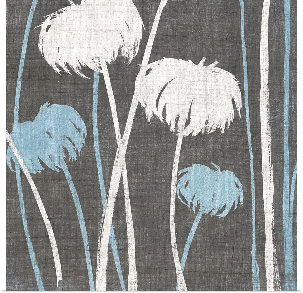 Square contemporary artwork of blue and white flowers against a gray linen style backdrop.