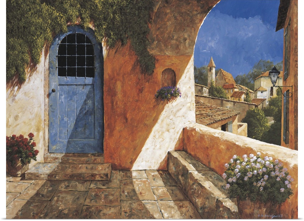 Contemporary artwork of a blue door near an archway in a European village.