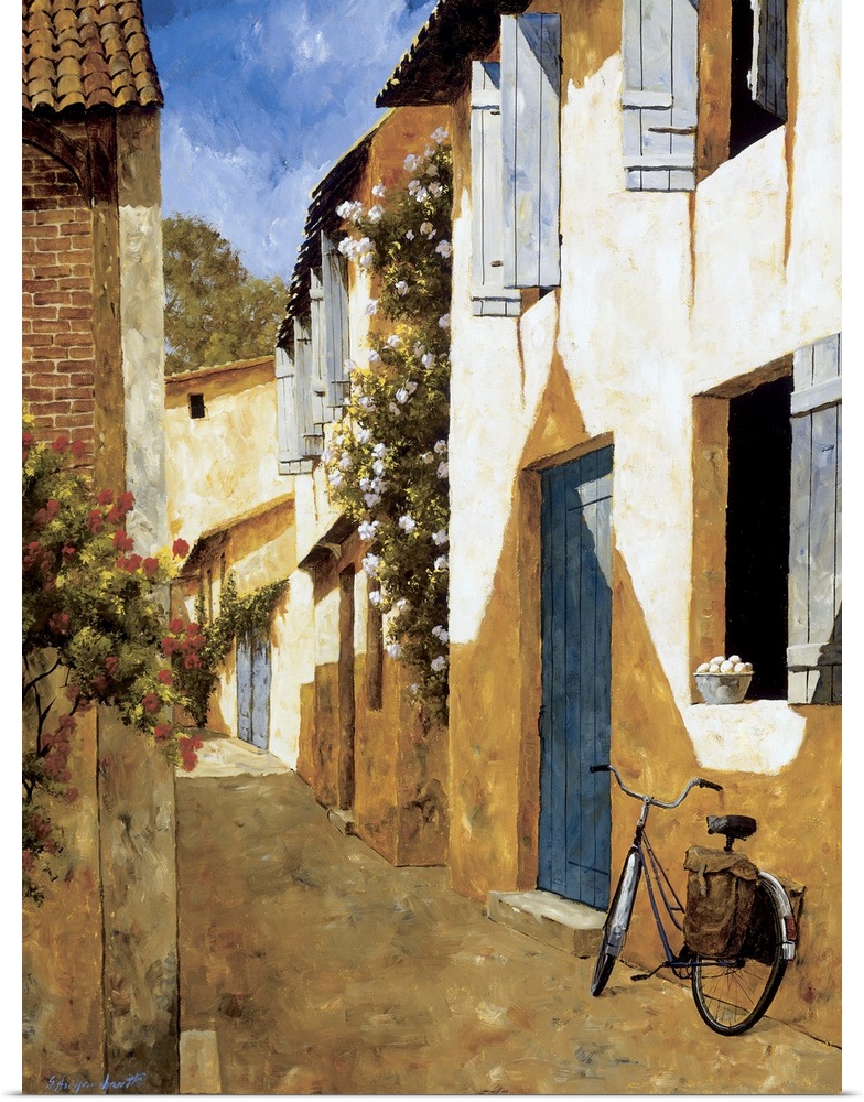 Painting of a bicycle near a door in a European village.