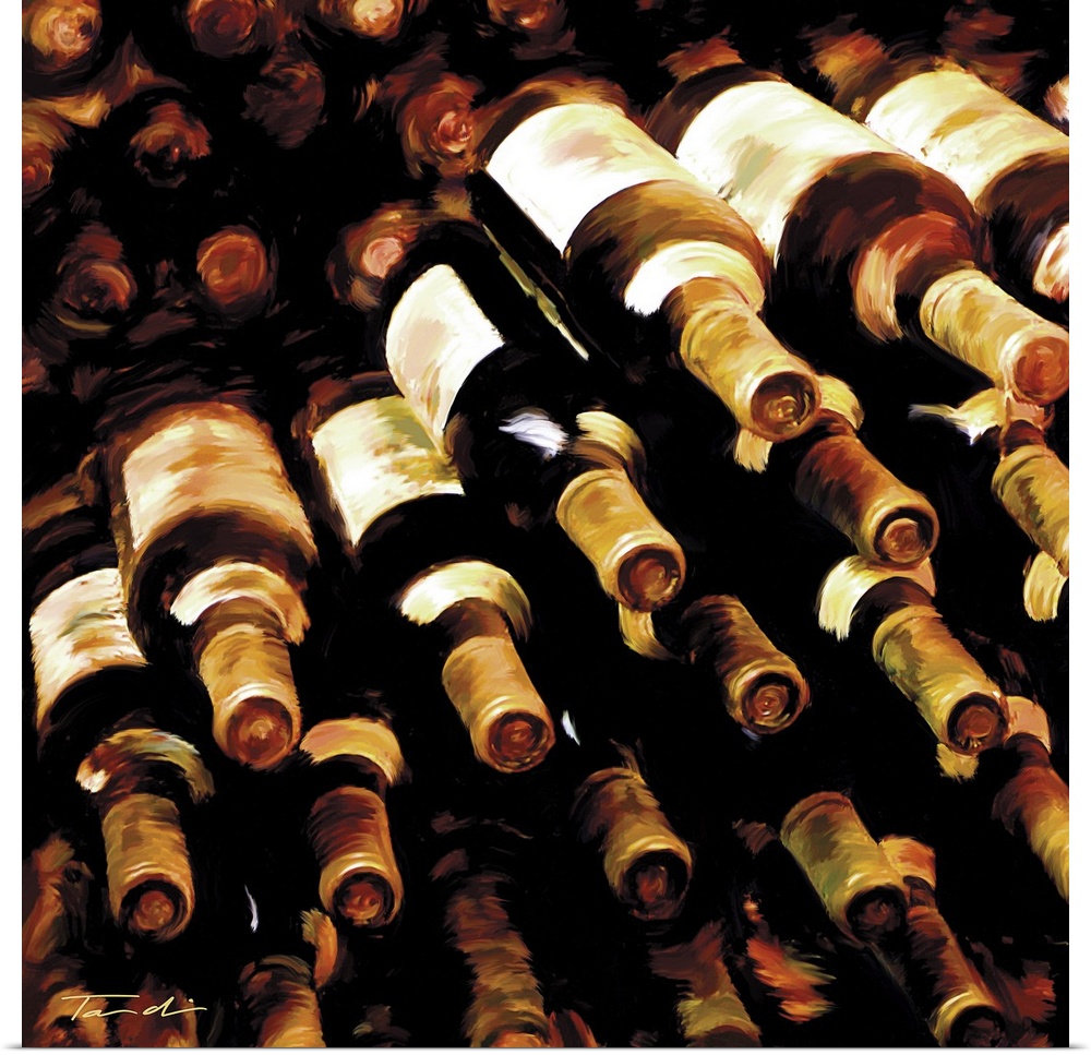 Square contemporary painting of a stack of wine bottles.