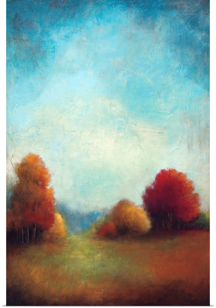 Contemporary painting of a country scene in autumn with warm colored leaves on trees and a clear blue sky.