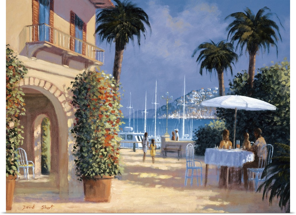Contemporary artwork of an outdoor bistro in the sun in a seaside town.