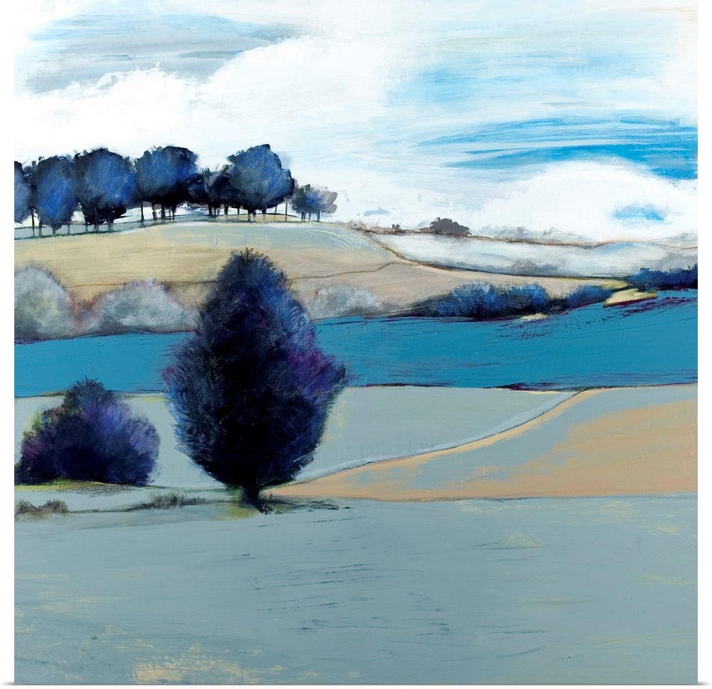 A square landscape painting of rolling fields and trees in the country done if varies shades of blue.