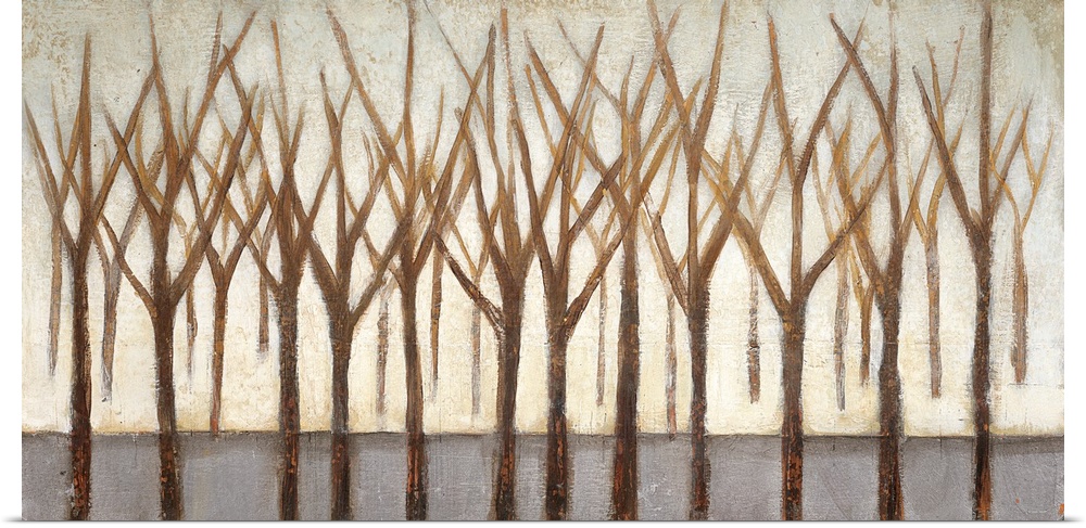 A horizontal painting of a group of bare brown trees against a neutral backdrop.