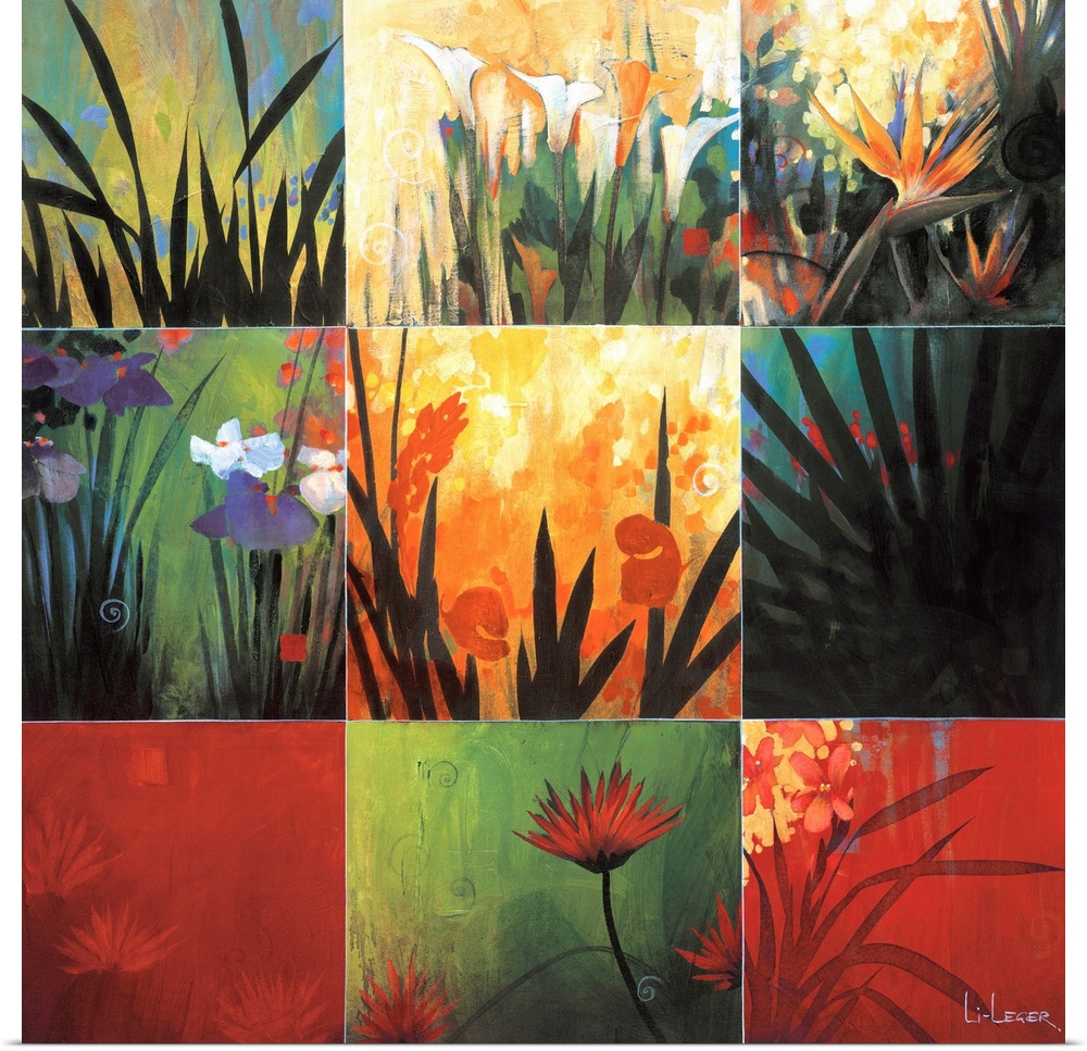 Square painting of nine images of leaves and flowers in different colors and views.