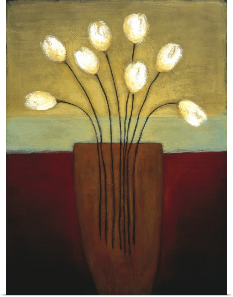 Contemporary painting of white tulips within a vase in deep tones of brown, red and yellow.