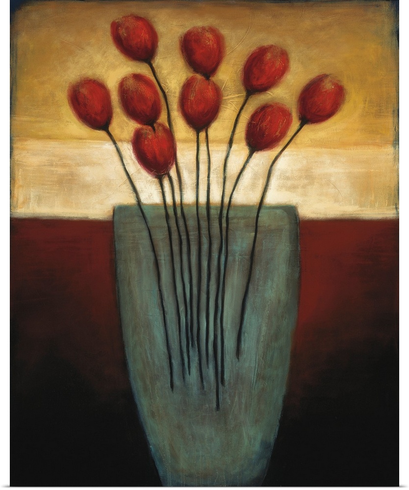 A modern, refined painting of a large vase of red tulips on a burgundy and yellow backdrop.