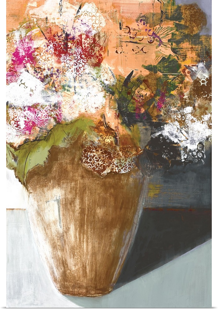 A modern painting of a vase of flower done in layers of paint with a circular design on the top layer.