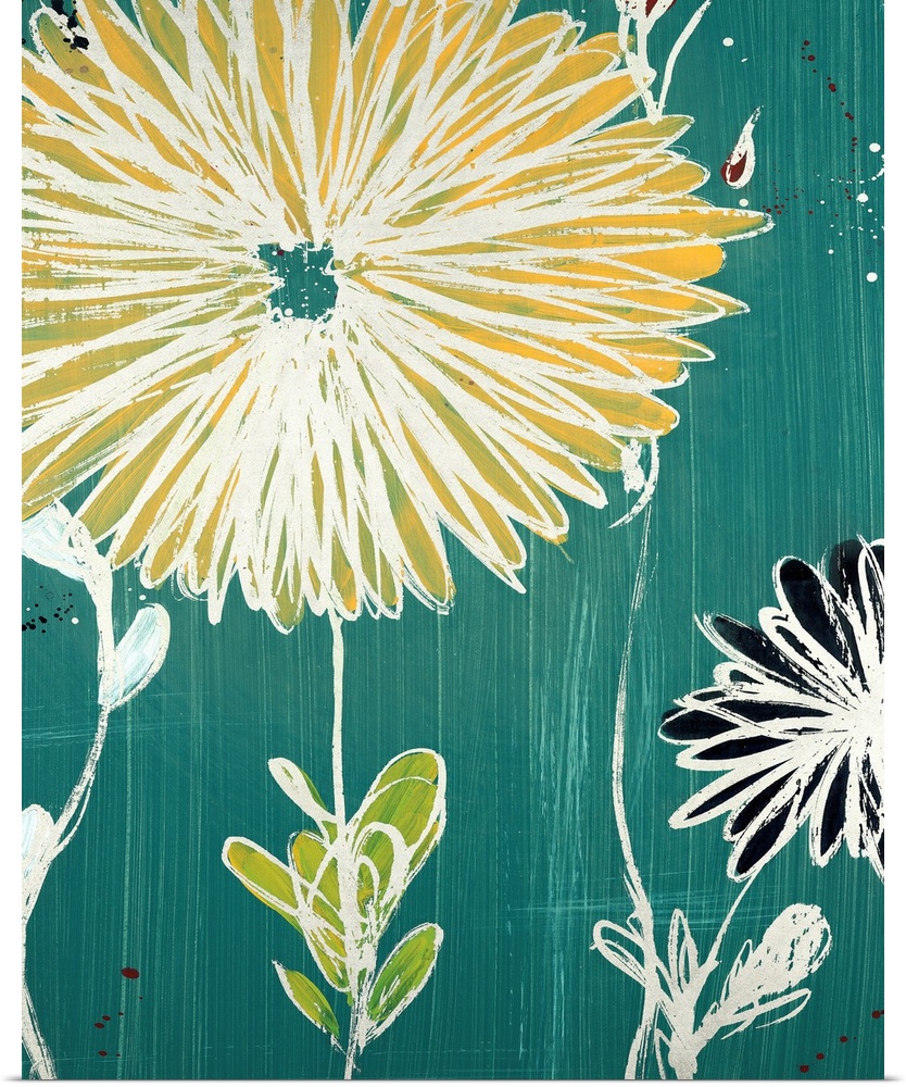 Modern painting of flowers in white, black and yellow against of teal background with vertical streaks and small splatters...