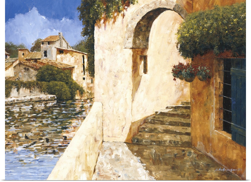 Contemporary painting of an archway in a village near the water.