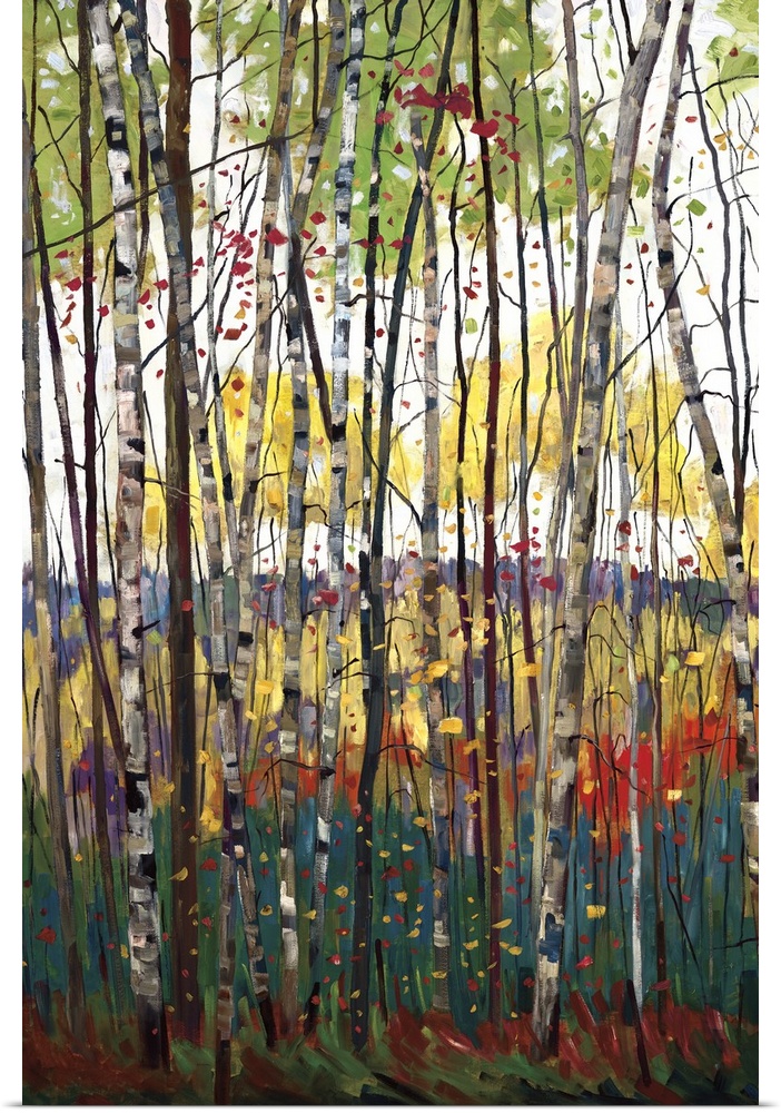 Contemporary painting of a forest full of colorful trees in tones of red, yellow and orange.