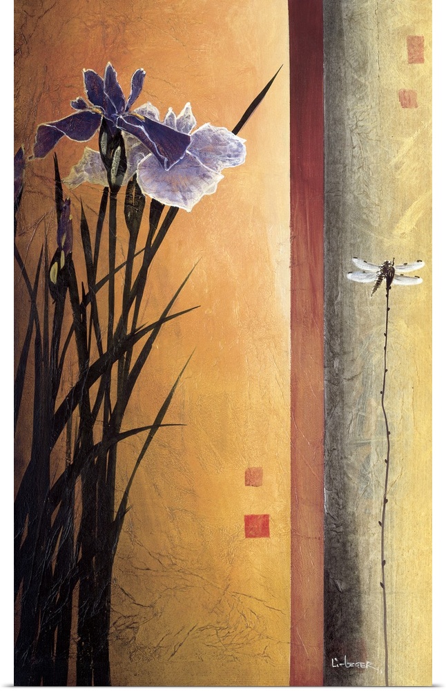 A contemporary painting of purple irises and a border on the right with a dragonfly.