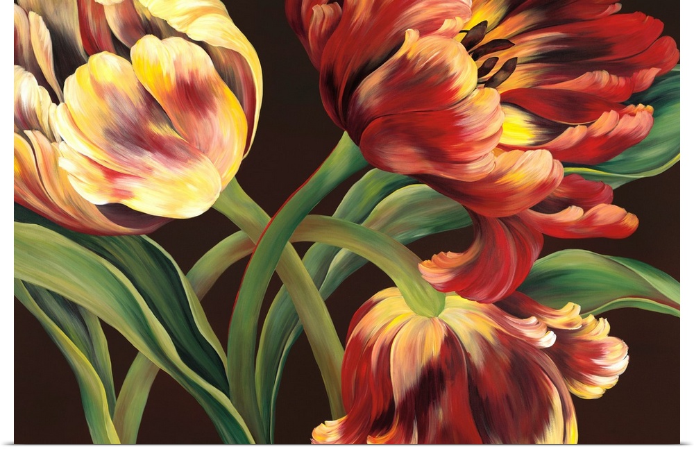 Contemporary painting of a group of red and yellow tulips against a neutral backdrop.