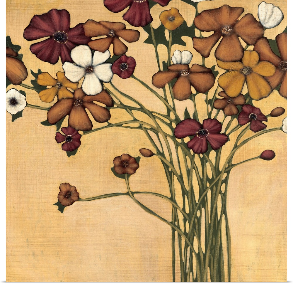 Square painting of a group of flowers in muted earth tones of brown, red, gold and white.
