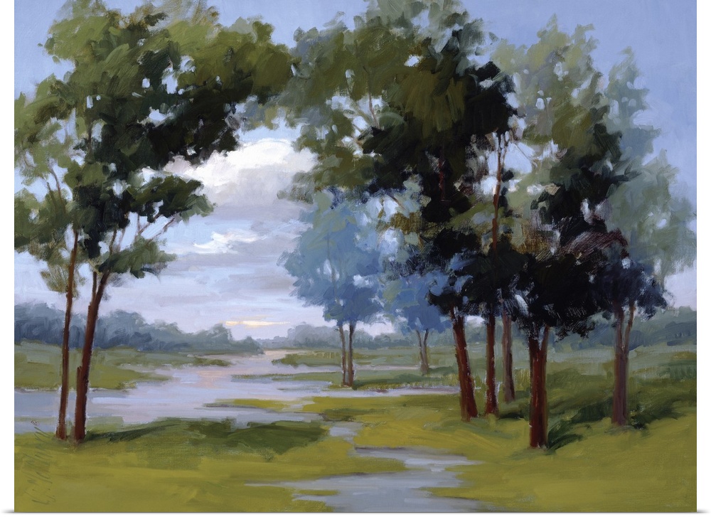 A traditional contemporary landscape of a stream surrounded by trees with white clouds in a blue sky.