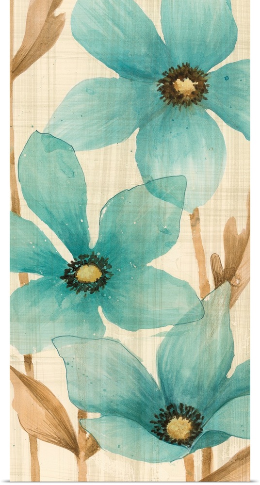 Vertical watercolor painting of a group of blue flowers against a neutral backdrop and light gray brush strokes overlapping.