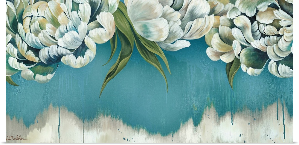 Contemporary painting of a group of white flowers against a blue and white backdrop.