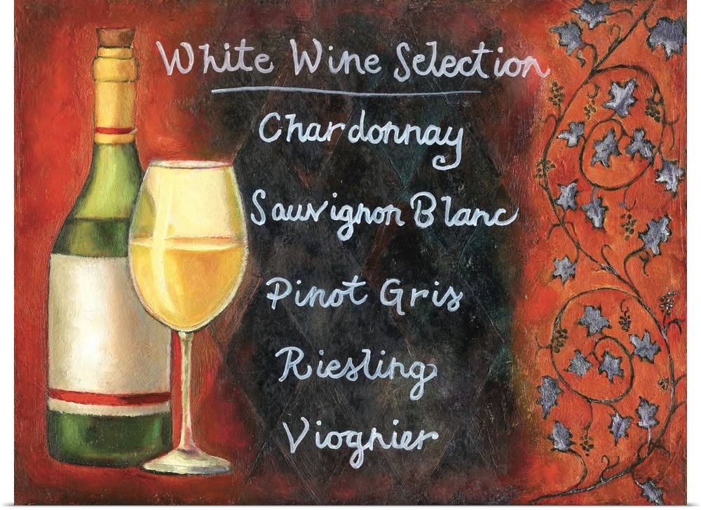 A list of white wine options next to a wine glass and bottle with a red background.
