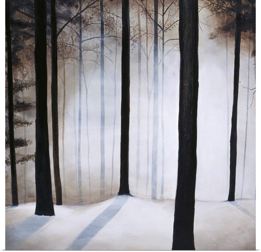 Square contemporary painting of bare trees and snow in a forest.