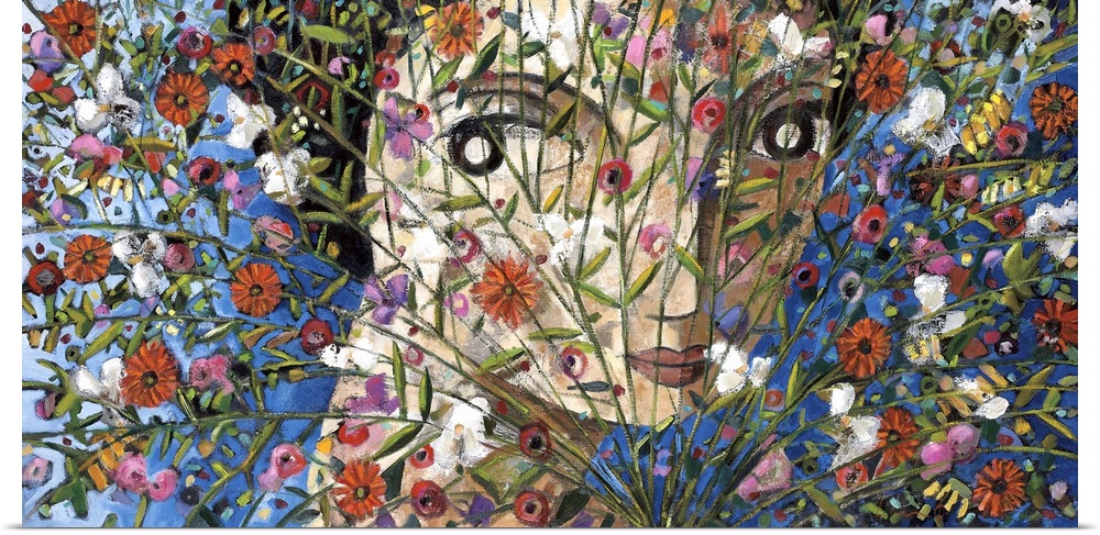 A horizontal portrait of a woman behind a large bouquet of wild flowers on a blue background, painted with cubism elements.