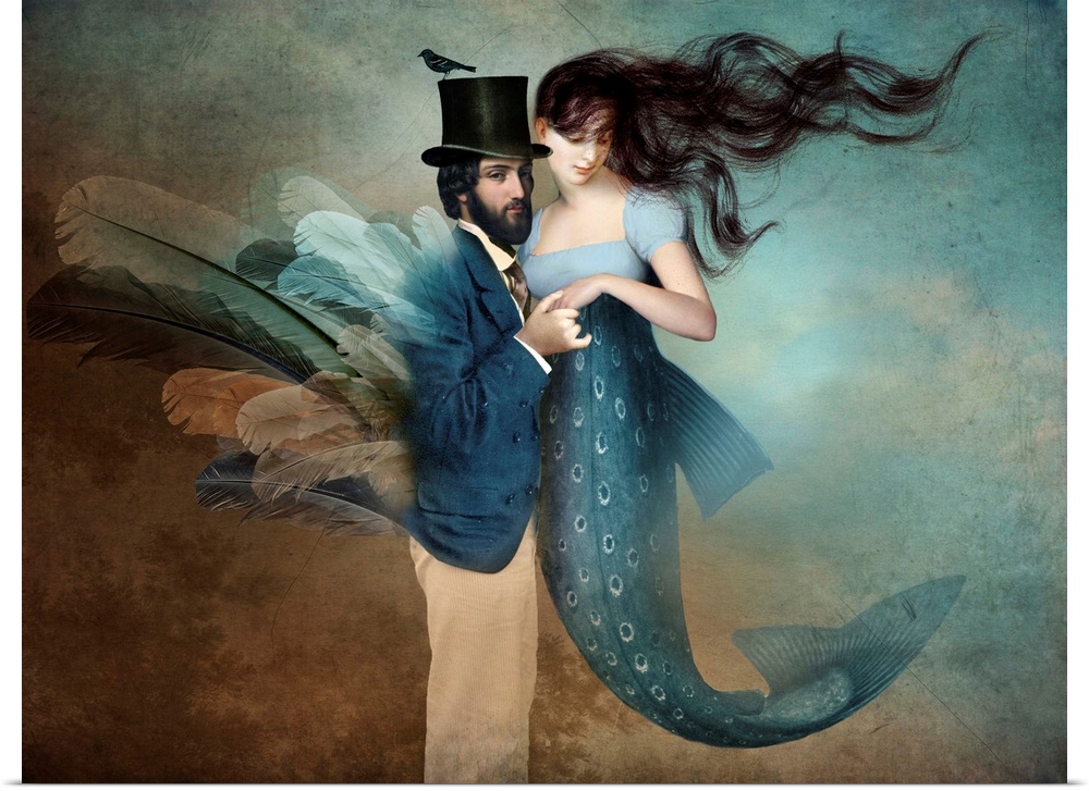 A digital composite of a man with feathers embracing a mermaid in blue.