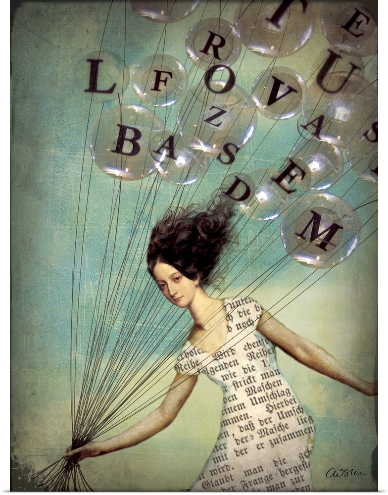 A digital composite of a female holding a large amount of balloons with letters on them.
