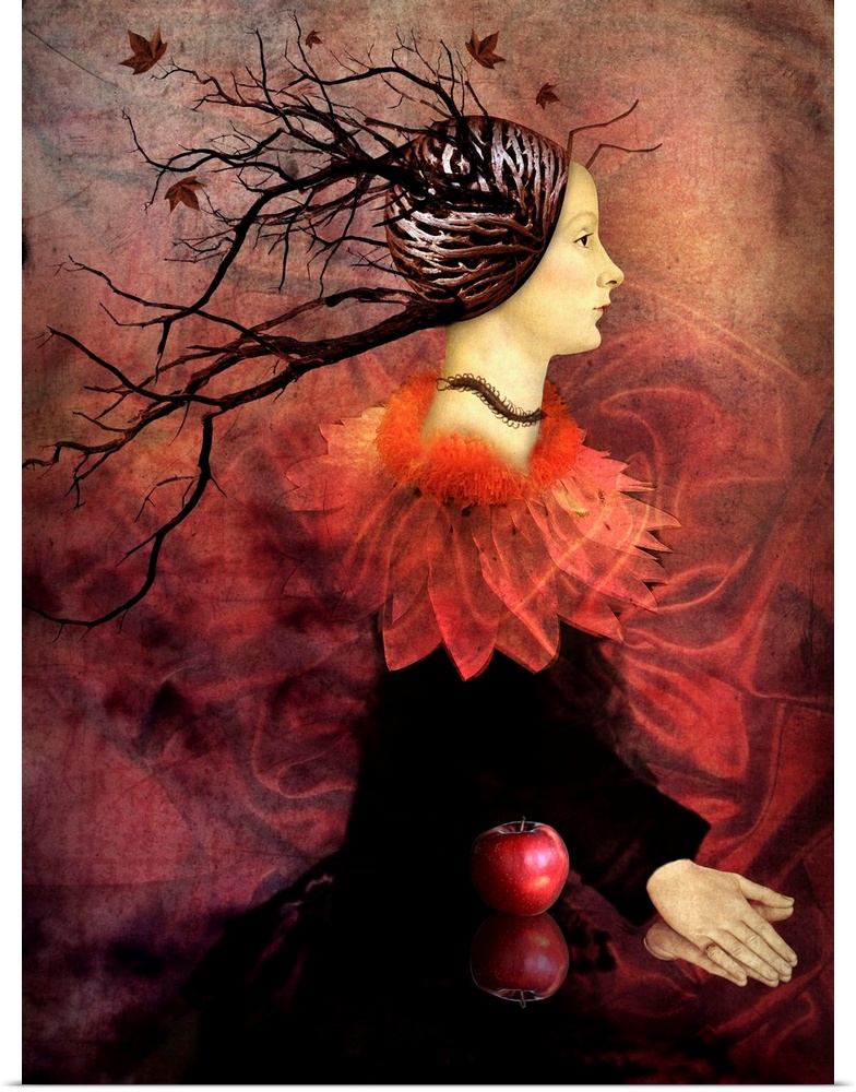 A digital mix media painting of a portrait of a female with tree branches extending from her head.