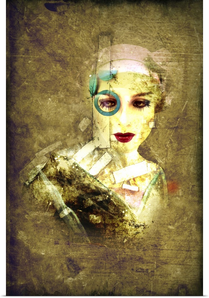 A digital composite image of a lady with a blue circle around one eye and white bandages on face and neck.  A brush stroke...