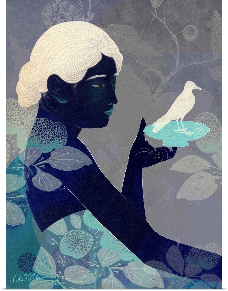 Modern artwork of a woman holding a plate with a bird on it.  The image is made up of different shades of blue.