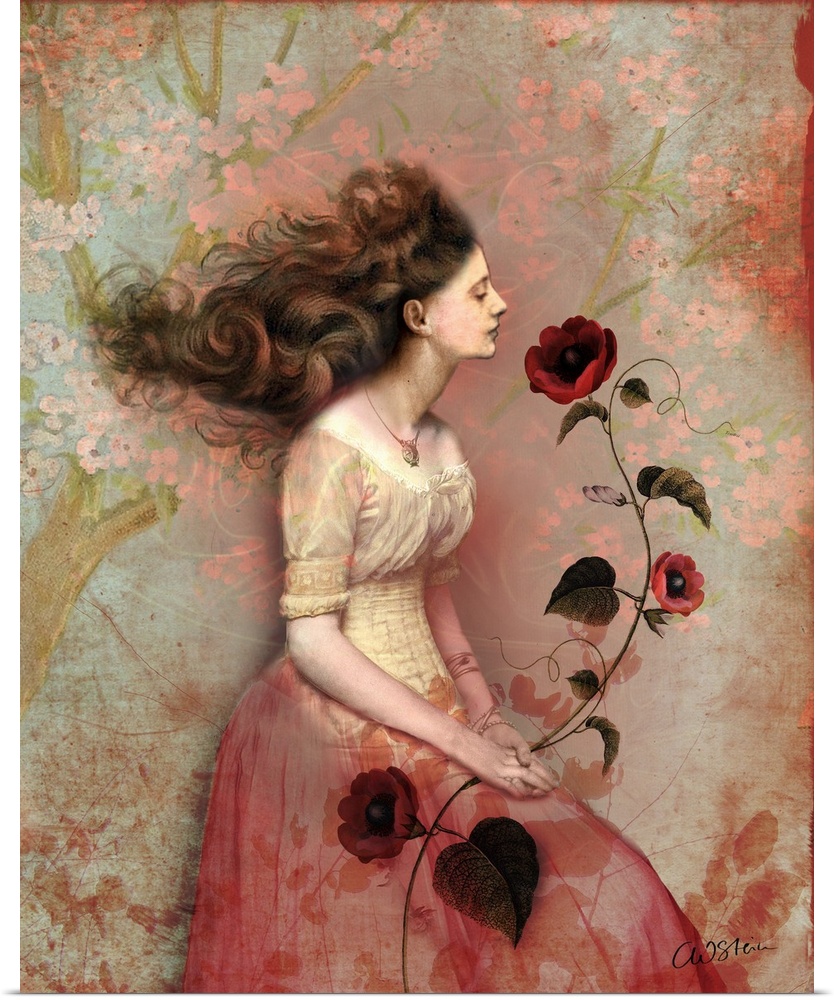 A contemporary portrait of a woman holding red flowers.
