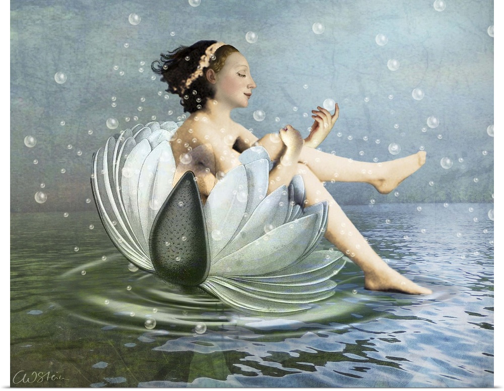 A digital composite of a female bathing on a large flower with bubbles floating in the air.