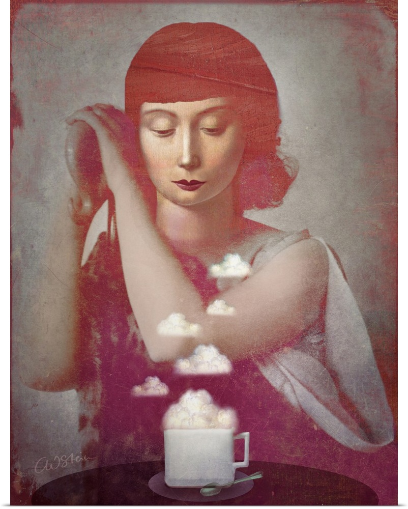 A portrait of a lady sitting at a table with a cup of clouds.