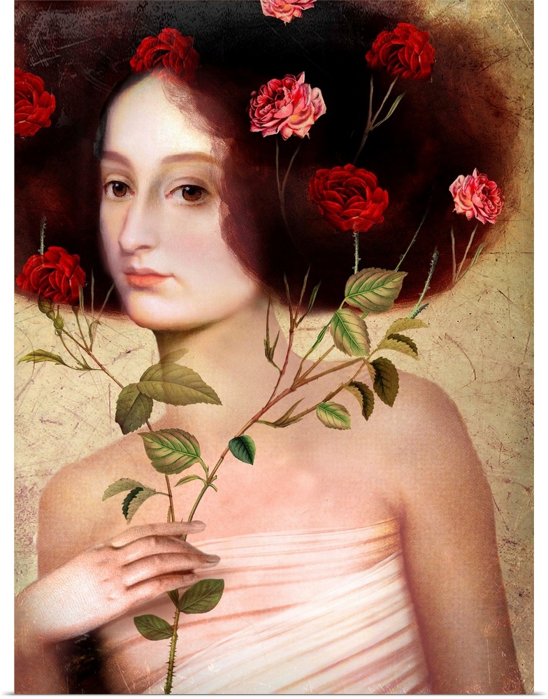 A portrait of a lovely young lady holding a branch of roses that are intertwining through her hair.