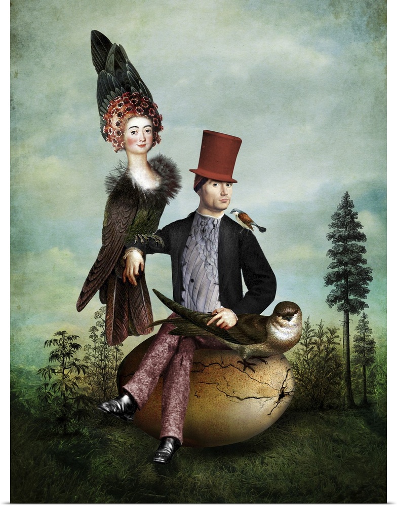 A man sitting on a large egg next to a bird has a creature that is half bird, half woman perched on his arm.