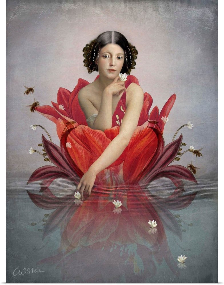 A young lady in a large red flower which is floating on water.